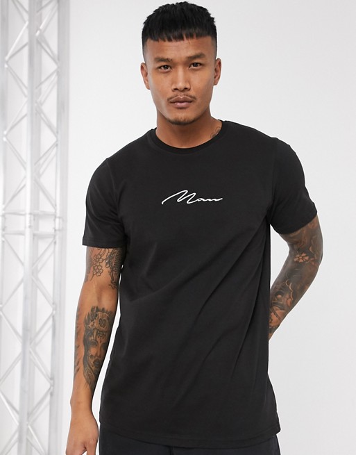BoohooMAN man signature embroidered longline t-shirt in black
