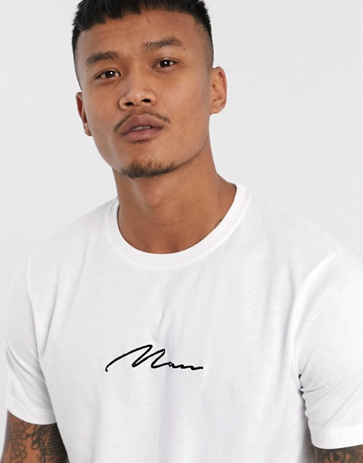 BoohooMAN man signature embroidered longline t-shirt in white
