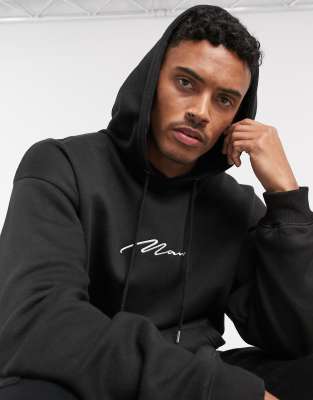 boohooman hoodie with man embroidery in black