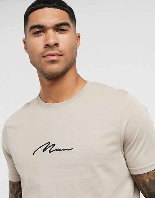 boohooMAN man signature embroidered t-shirt in stone