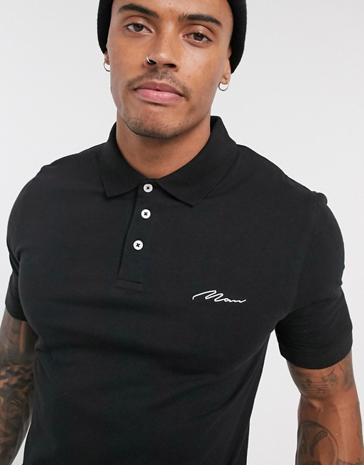boohooMAN Man signature muscle fit jersey polo in black