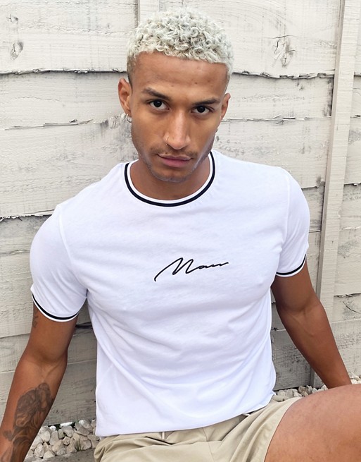 boohooMAN man signature t-shirt with sports rib neck in white