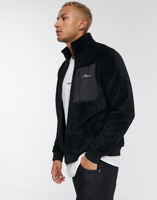 boohooMAN man signature zip through contrast pocket fleece in black