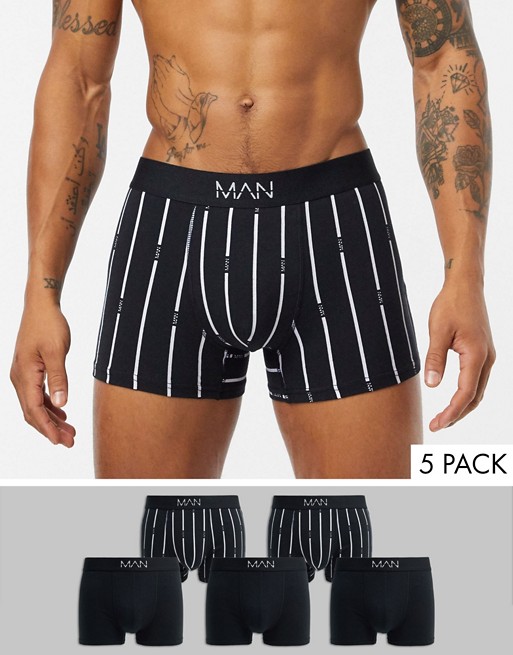 boohooMAN man stripe 5 pack trunks in black
