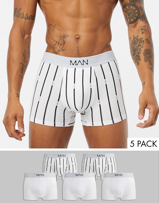 boohooMAN man stripe 5 pack trunks in white
