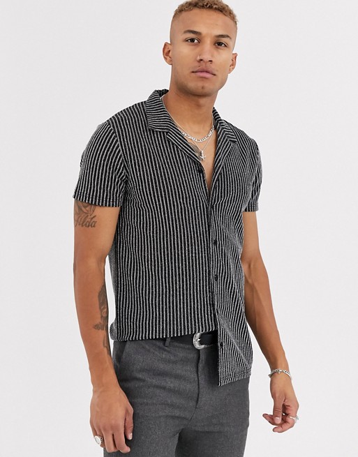 boohooMAN metallic stripe short sleeve revere shirt in black