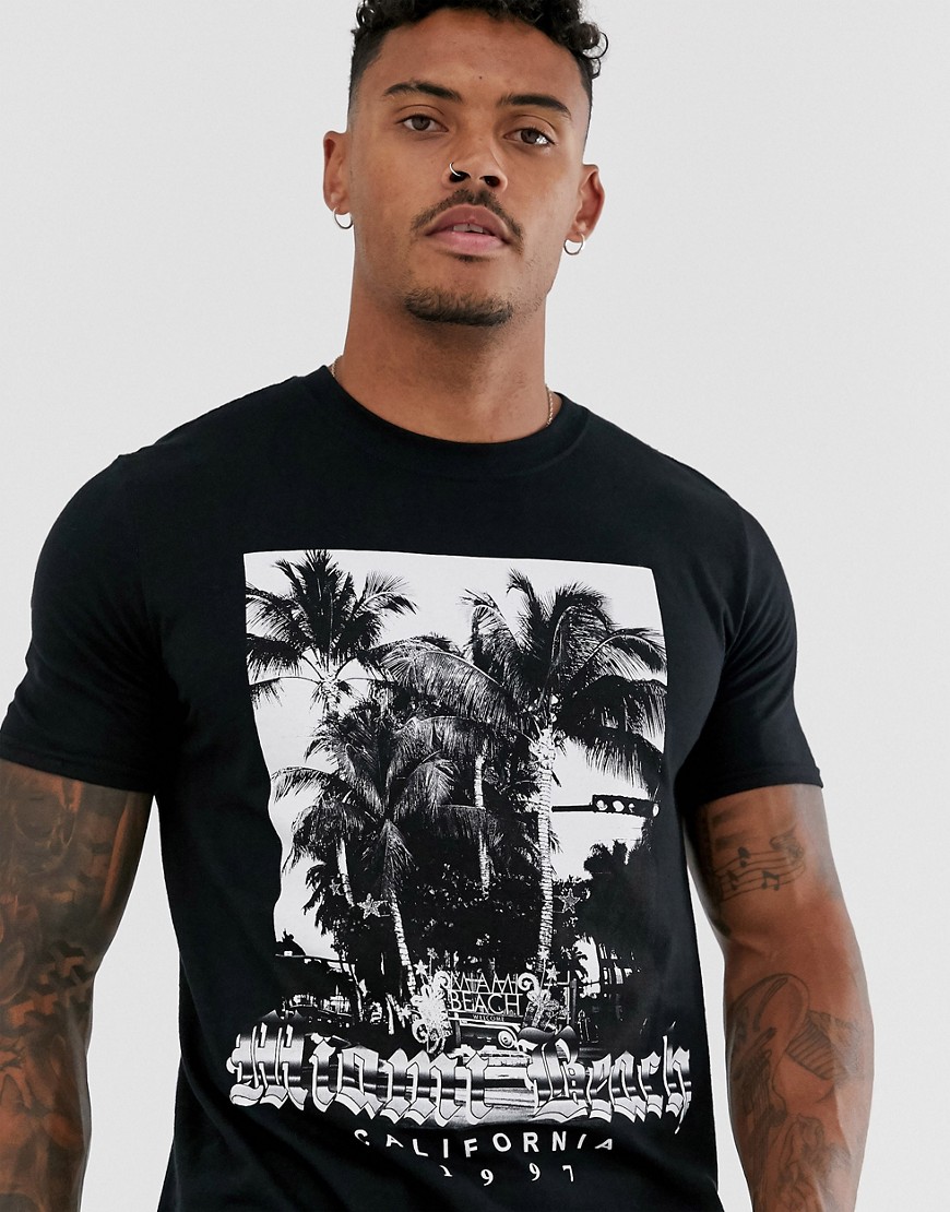 boohooMAN - Miami - T-shirt nera con stampa di spiaggia-Nero