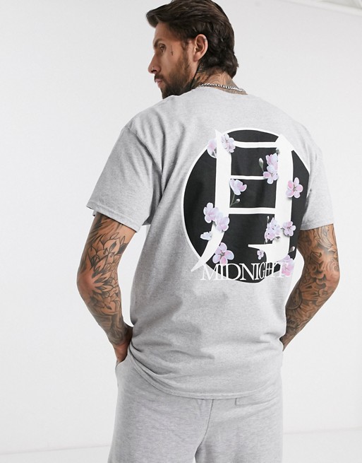 boohooMAN midnight blossom front and back oversized print t-shirt in grey
