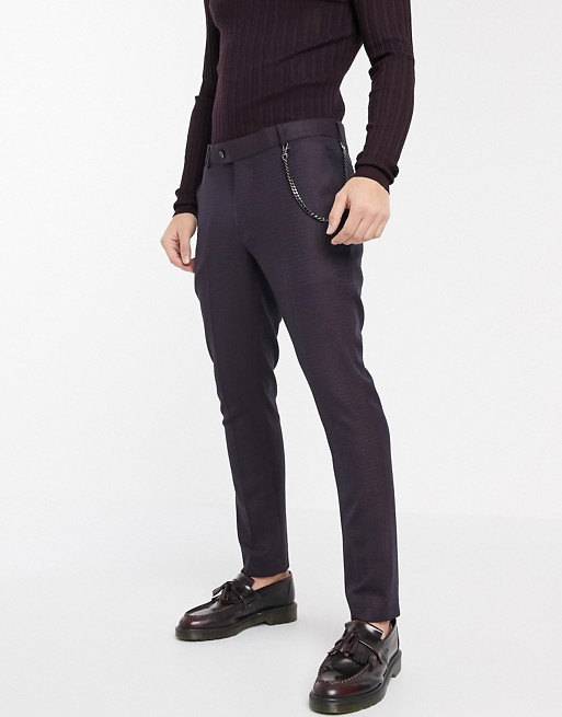 boohooMAN mini check smart trouser with chain in burgundy