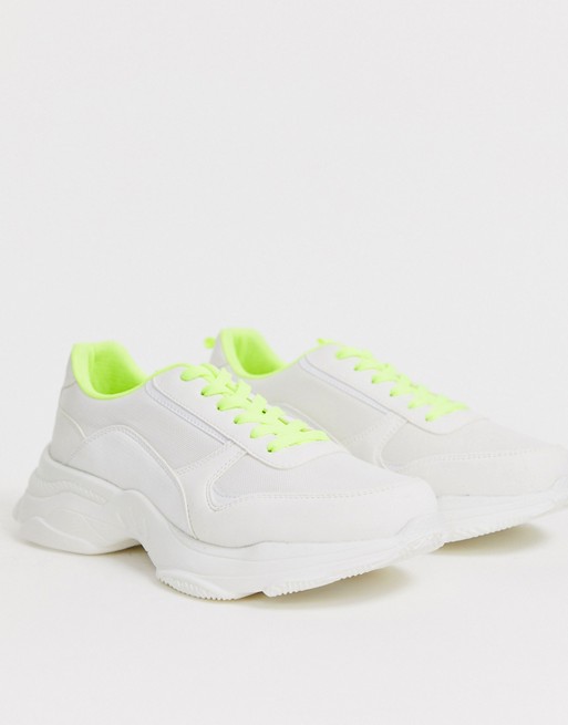 boohooMAN neon lining chunky trainer in white
