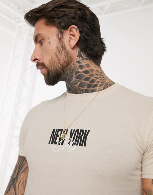 boohooMAN New York front and back print t-shirt in stone