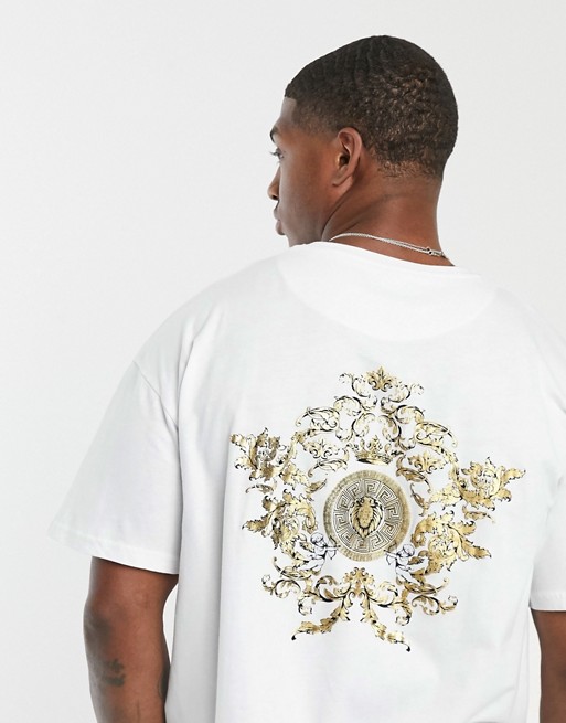 boohooMAN oversized back print t-shirt in white and gold