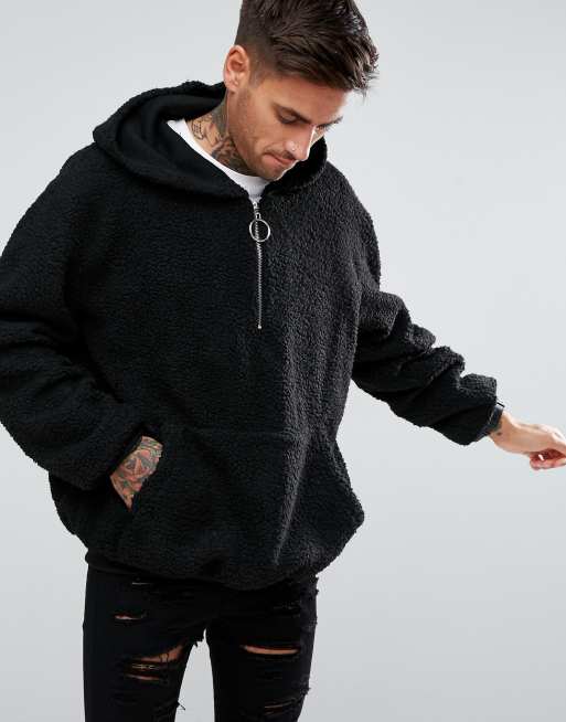 boohooMAN Oversized Borg Hoodie In Black ASOS