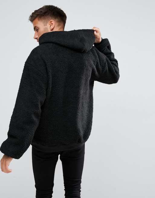 boohooMAN Oversized Borg Hoodie In Black