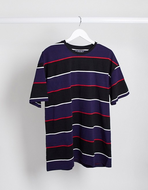 boohooMAN oversized horizontal stripe t-shirt in navy and red