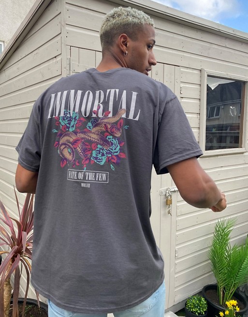 boohooMAN oversized immortal front and back print t-shirt in mid grey