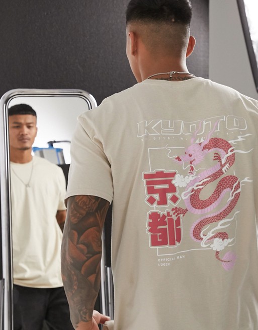 boohooMAN oversized KYOTO back print t-shirt in stone