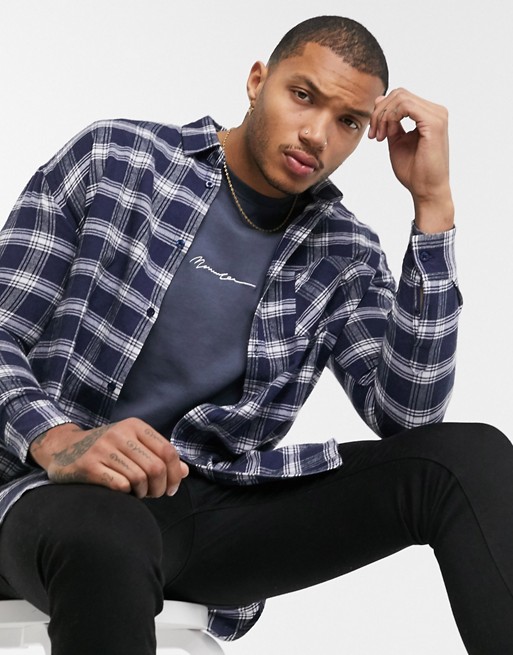 boohooMAN oversized long line check shirt in navy