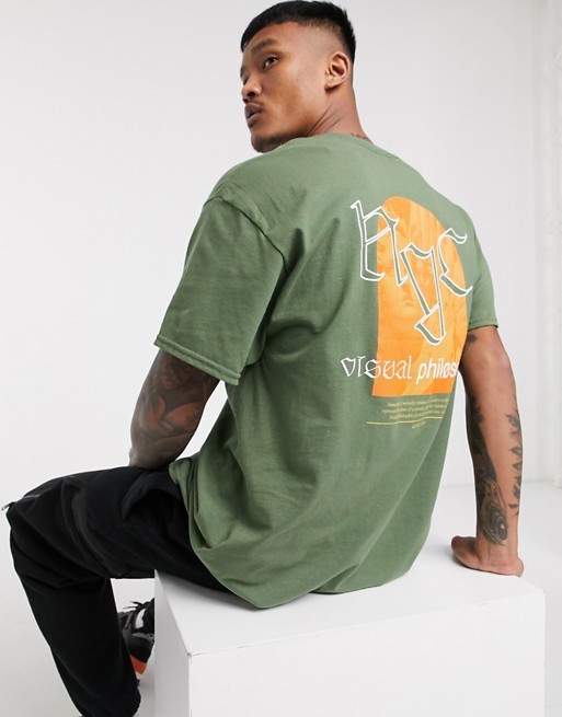 boohooMAN oversized NYC philisophy front and back print t-shirt in khaki
