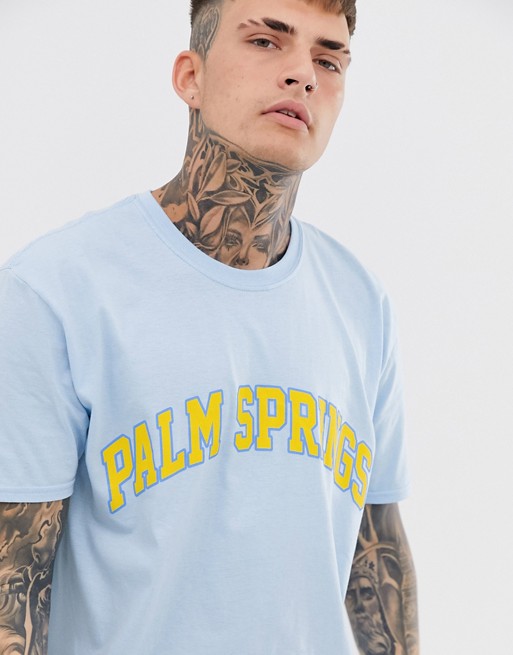 boohooMAN oversized palm springs t-shirt in light blue