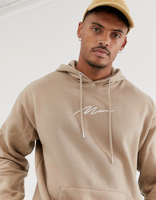 boohooMAN oversized signature embroidered hoodie in taupe