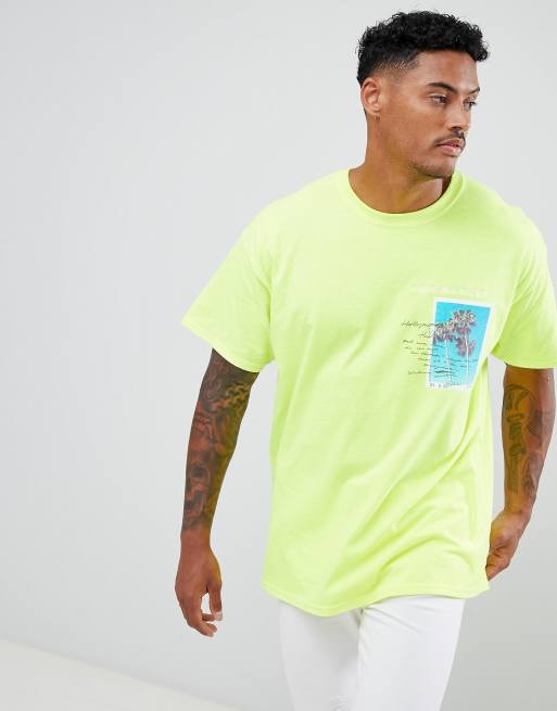 boohooMAN oversized t shirt in fluorescent yellow print