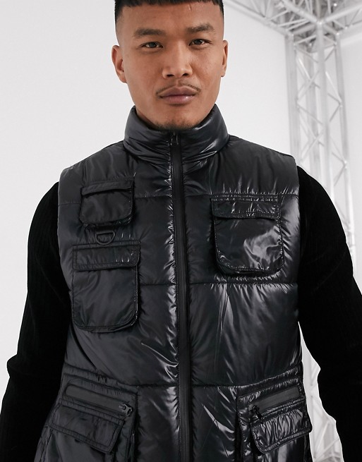 boohooMAN patch pocket utility puffer gilet in black