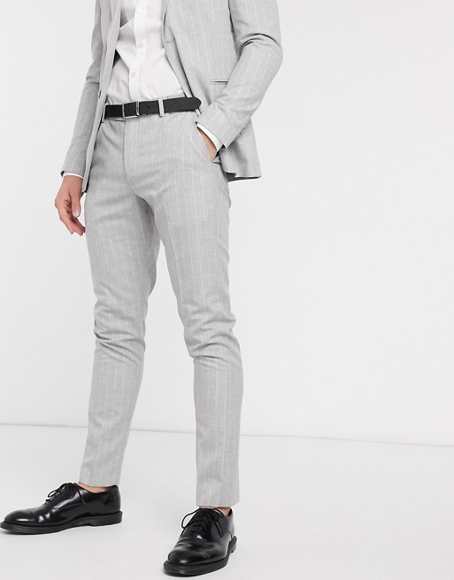 boohooMAN pinstripe skinny fit suit trouser in grey