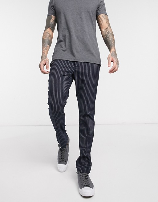 boohooMAN pinstripe trouser with chain in navy