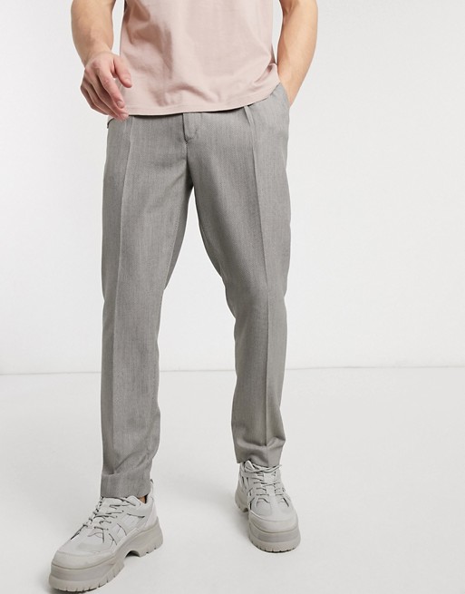 boohooMAN pleat front smart trouser with fixed waistband in grey