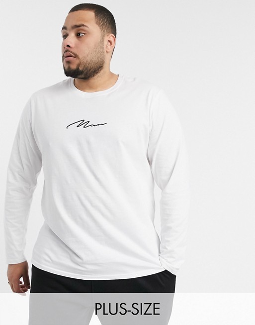 BoohooMAN plus size man signature embroidered long sleeve t-shirt in white