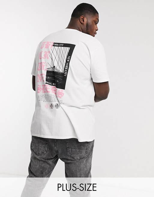 boohooMAN Plus & Tall NYC back print t-shirt in white