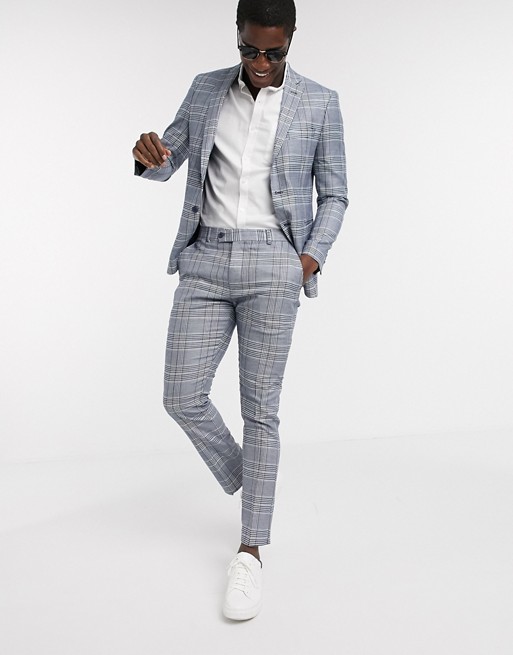 boohooMAN prince of wales check skinny fit suit trouser in grey