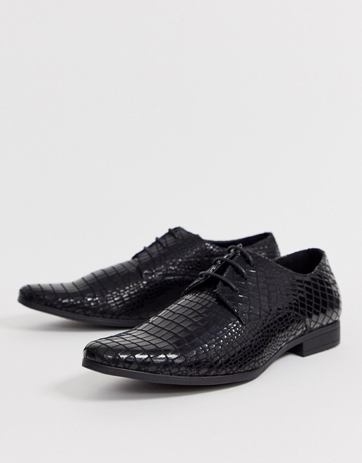 boohooMAN PU croc long point derby shoe in black