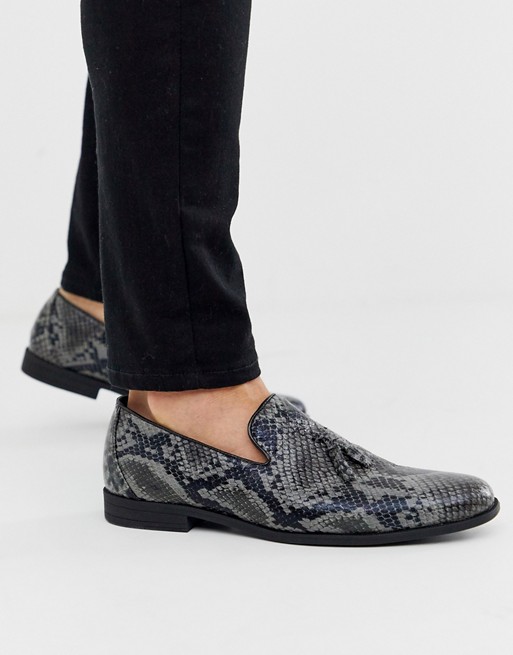 boohooMAN PU snake loafer with tassel in grey