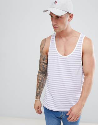 boohooMAN racer back tank in lilac stripe