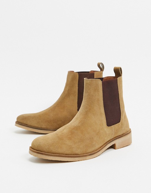boohooMAN real suede chelsea boot in tan