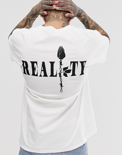 boohooMAN reality rose front and back print oversized t-shirt in white