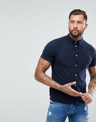 Download boohooMAN regular fit short sleeved pique shirt in navy | ASOS