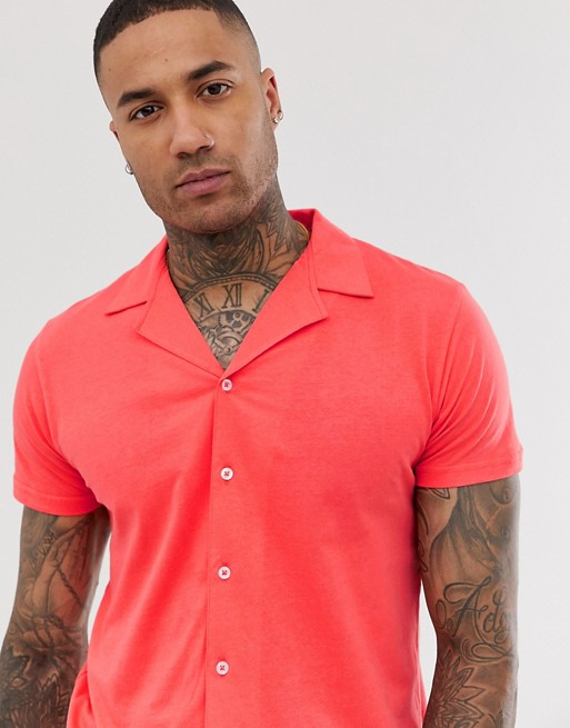 boohooMAN revere collar jersey shirt in coral