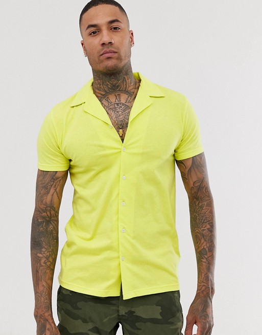 boohooMAN revere collar jersey shirt in neon green
