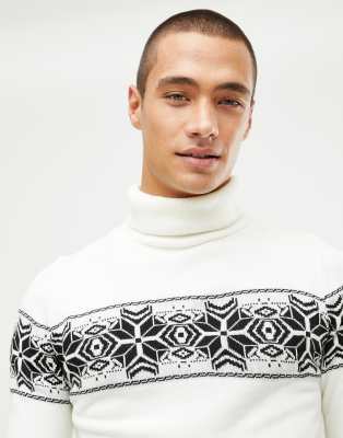 boohooMAN roll neck fairisle Christmas jumper in cream