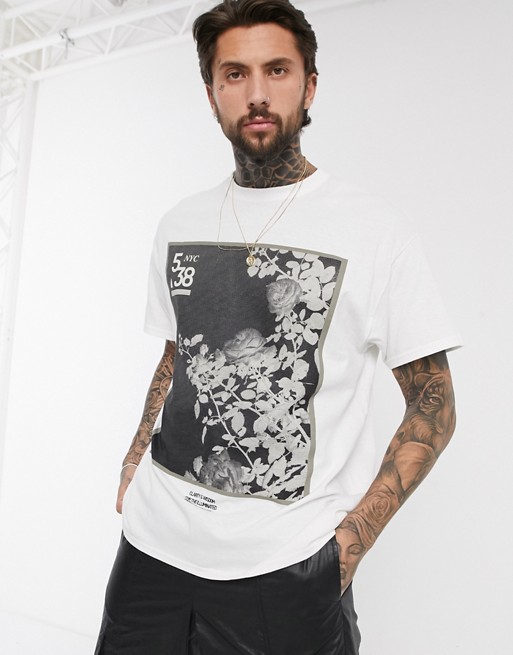 boohooMAN rose photographic back print oversized t-shirt in white