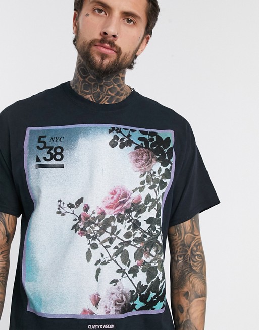 boohooMAN rose photographic print oversized t-shirt in black