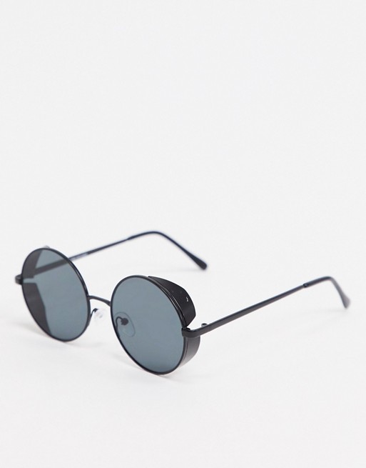 boohooMAN round sunglasses with side cap in black