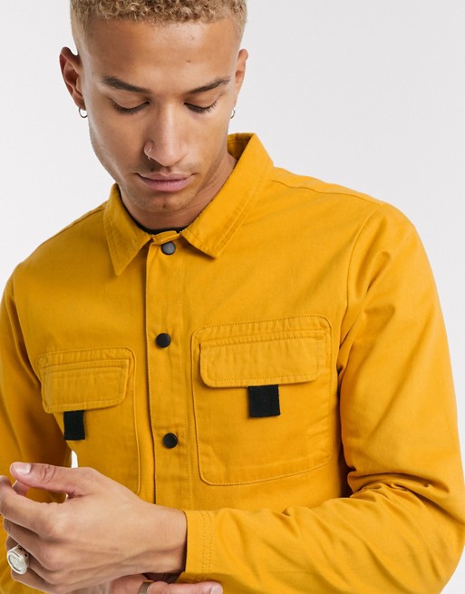 boohooMAN shacket with contrast poppers in yellow