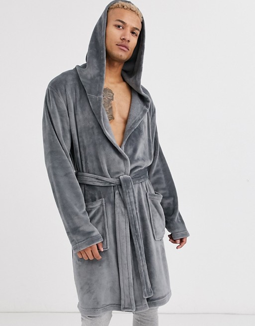 boohooMAN shawl collar soft fleece dressing gown with man signature in grey