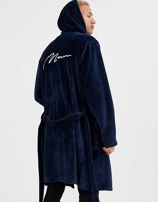 boohooMAN shawl collar soft fleece dressing gown with man signature in navy