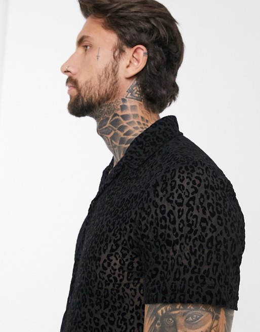 boohooMAN sheer flocked leopard shirt sleeve shirt in black