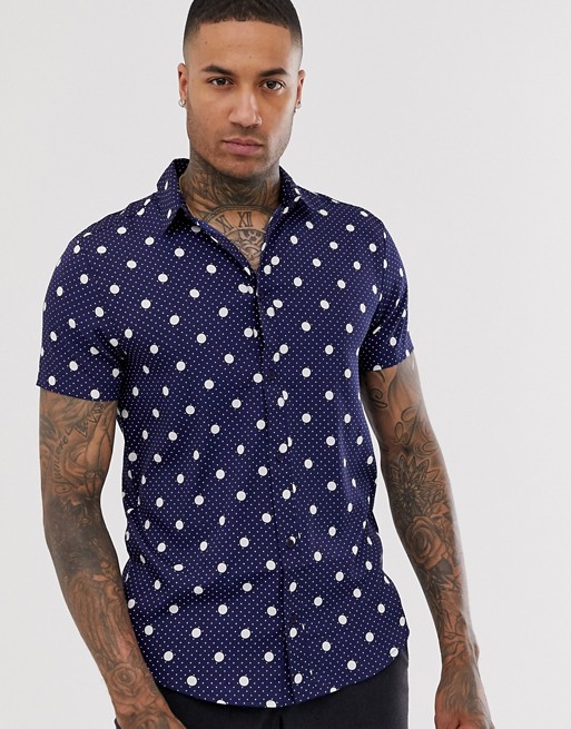 boohooMAN shirt in navy polka dot